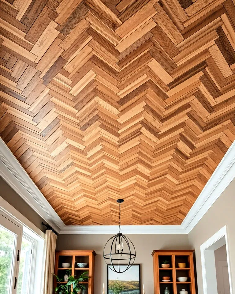 herringbone pattern plywood ceiling