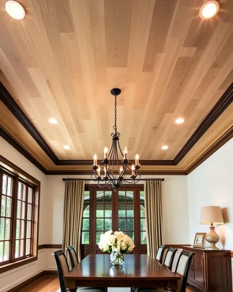 plywood ceiling with decorative trim accents
