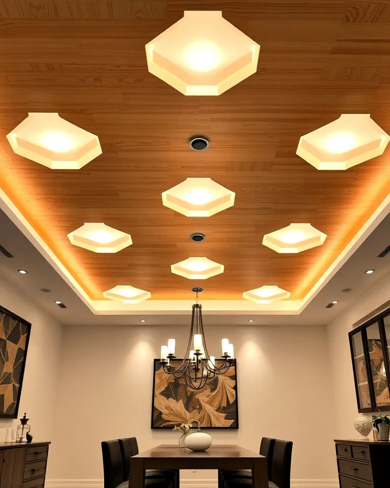 plywood ceiling with geometric cutouts