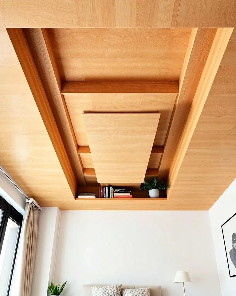layered plywood ceiling with integrated shelving
