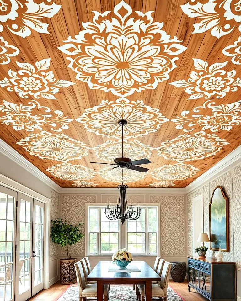 plywood ceiling with stenciled patterns