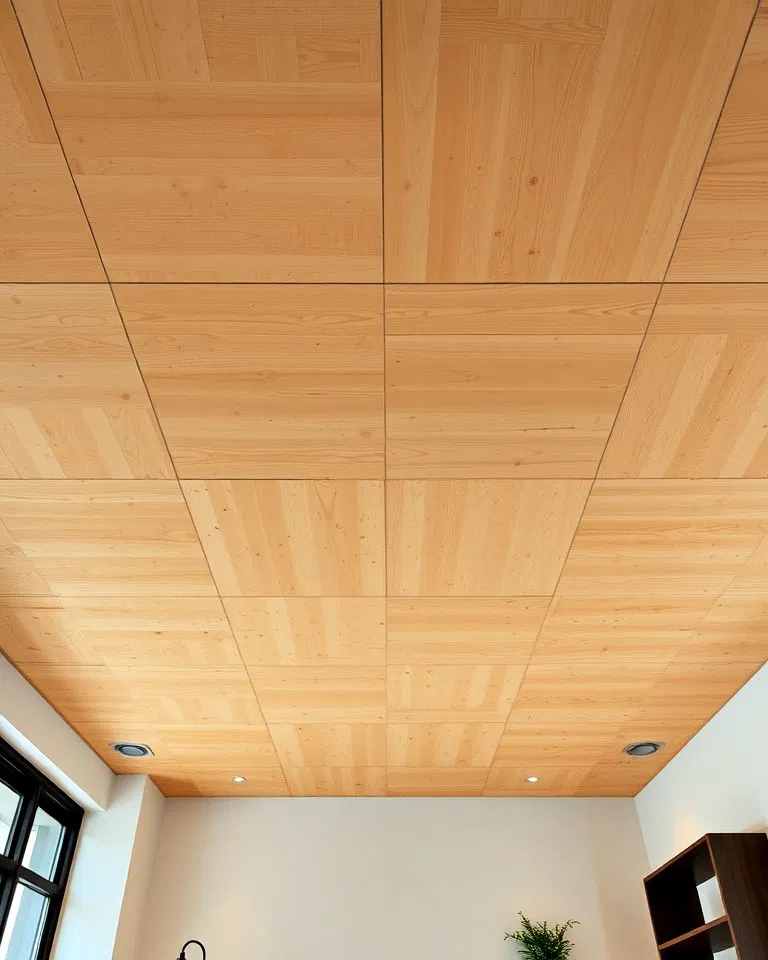 suspended plywood ceiling with industrial vibe