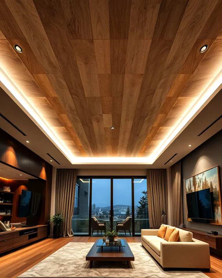 illuminated plywood ceiling with LED lighting