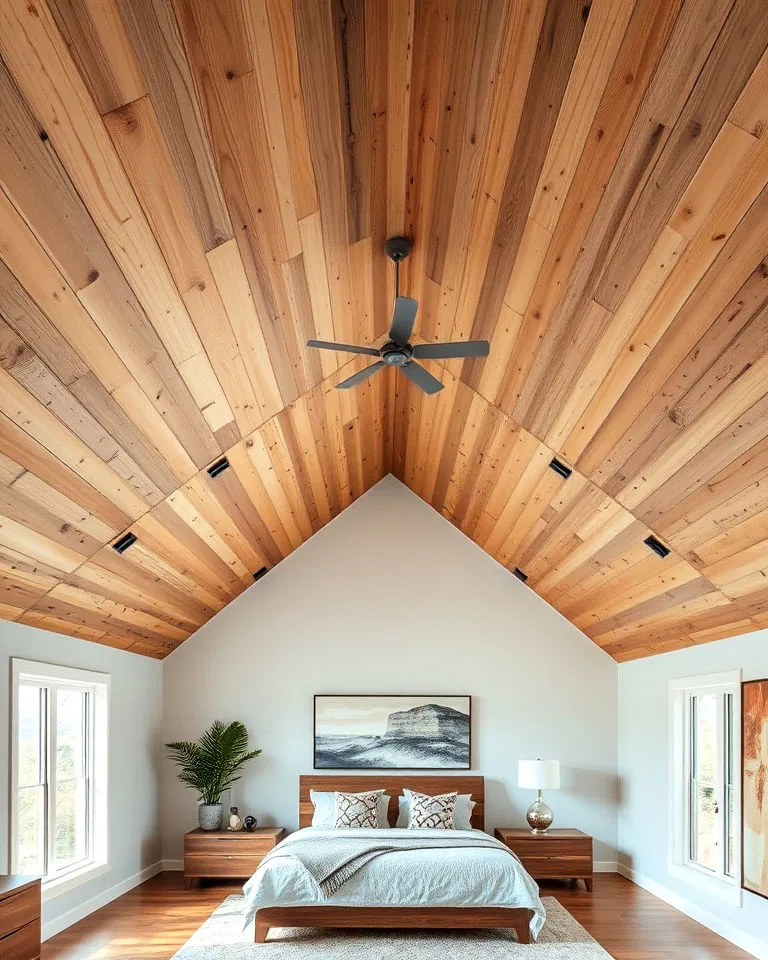 angled plywood ceiling in vaulted space