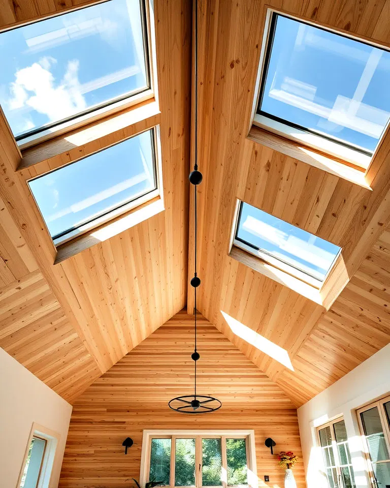 plywood ceiling with integrated skylights