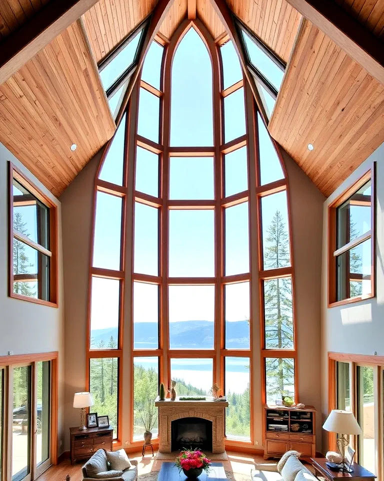floor to peak windows to vaulted ceiling