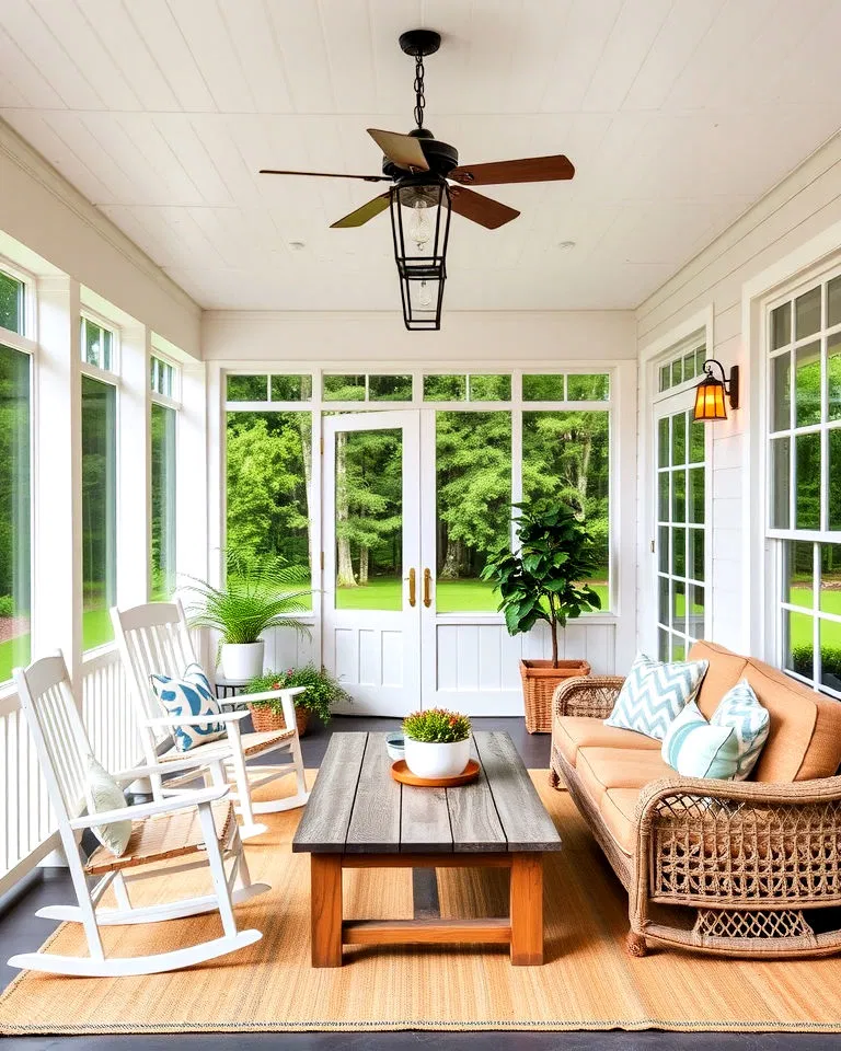 cozy farmhouse inspired screened in porch