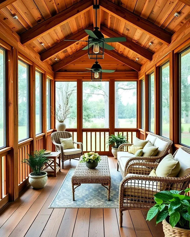 rustic wooden screened in front porch