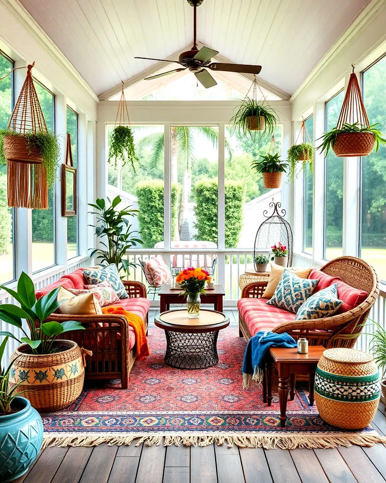 bohemian vibe to a screened in porch