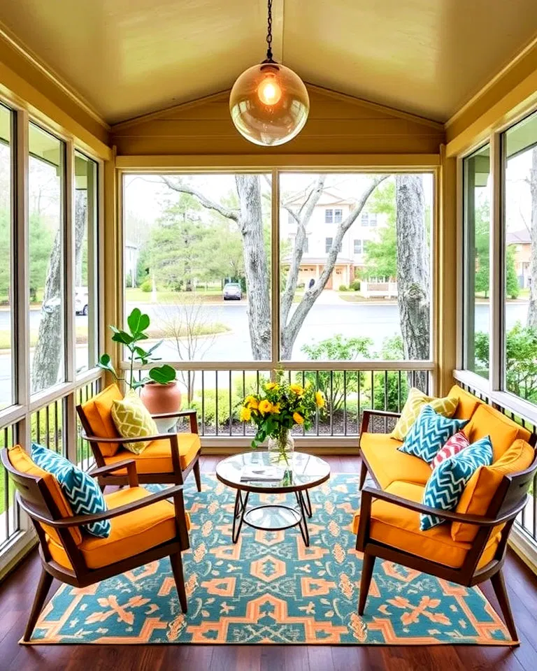 screened in porch with mid century modern design