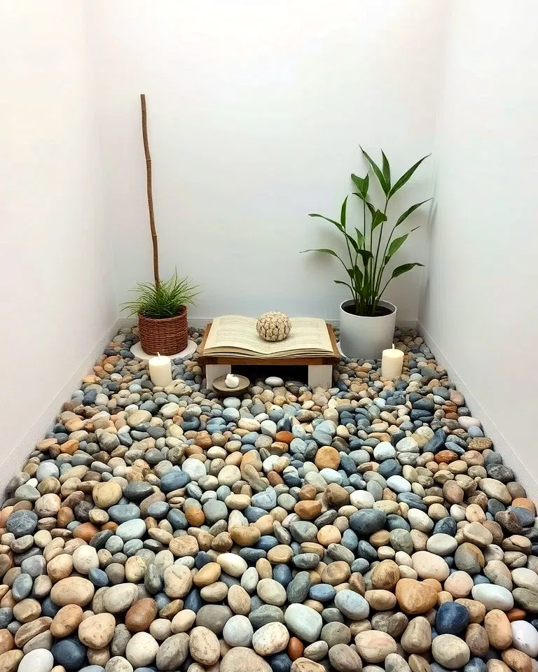 calming meditation corner with mexican beach pebbles