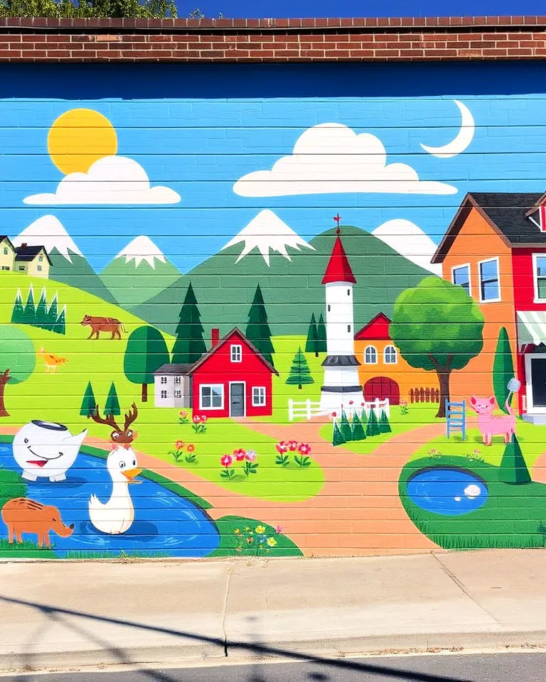 Children's imaginative mural in a small town