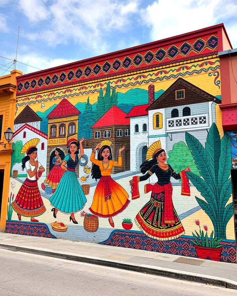 Mural illustrating cultural traditions and crafts