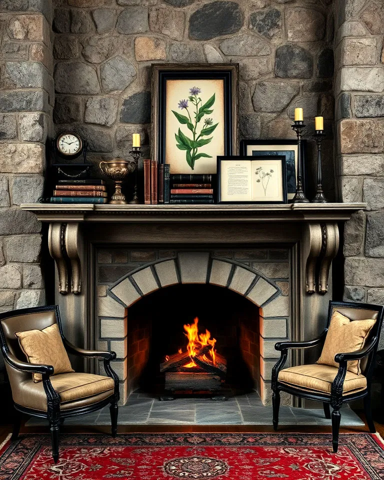 scholarly stone hearth with gothic mantel