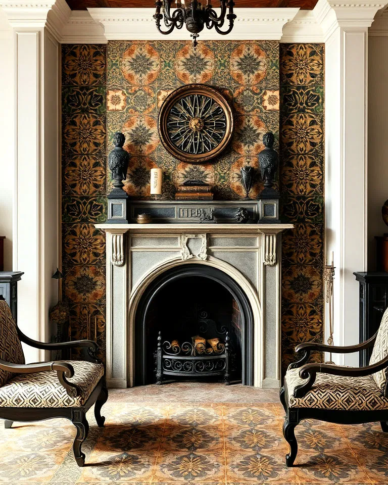 vintage tile accents around the fireplace