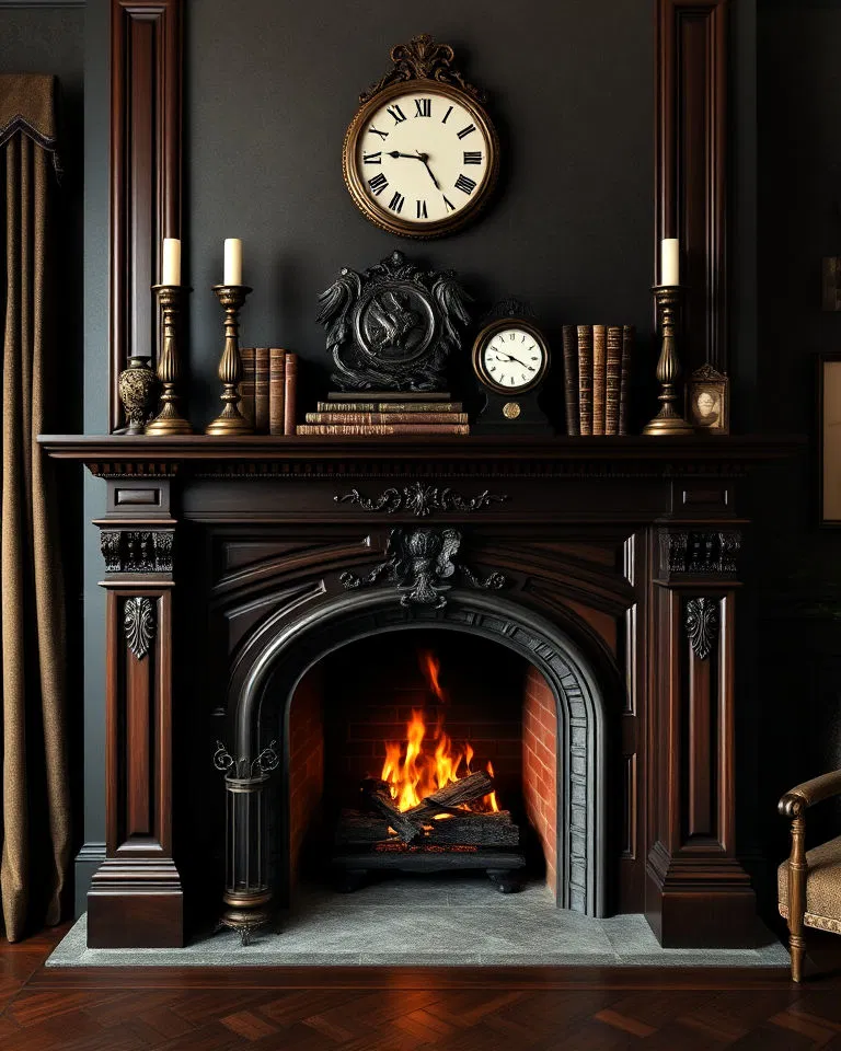 dark wooden mantel with carvings