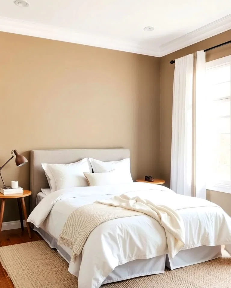 serene khaki walls with bright white accents bedroom