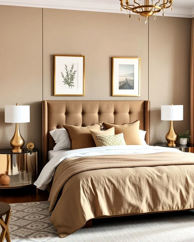 metallic accents adding glamour to khaki bedroom