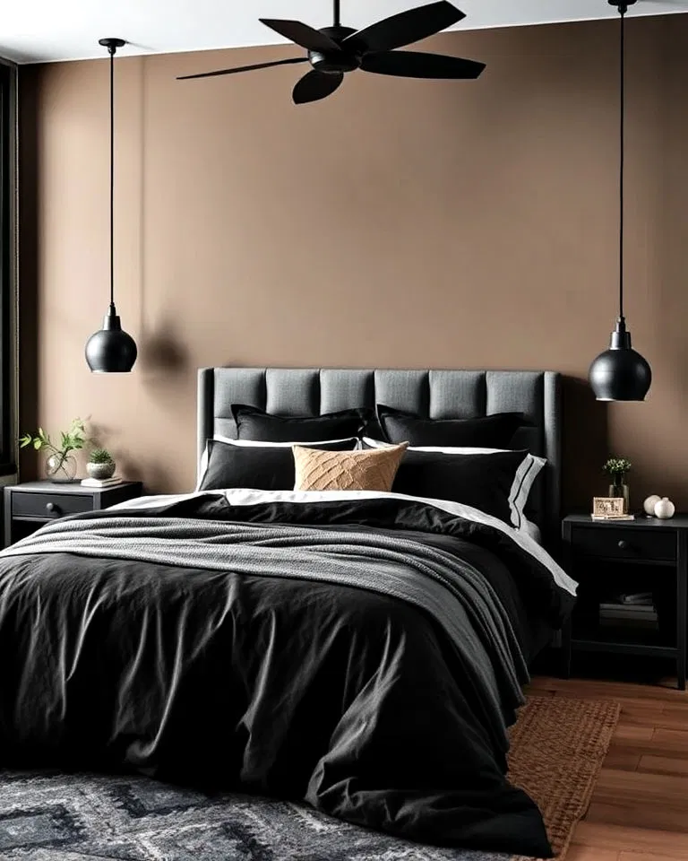 charcoal accents contrasting khaki bedroom