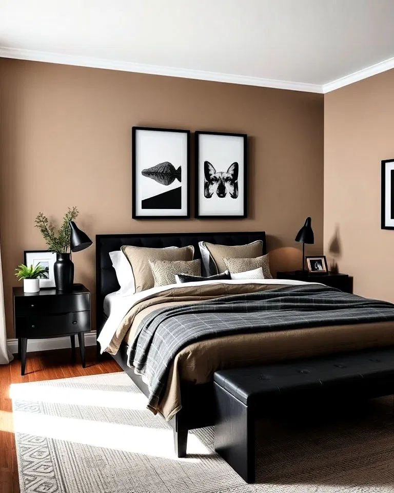 black accents in khaki bedroom