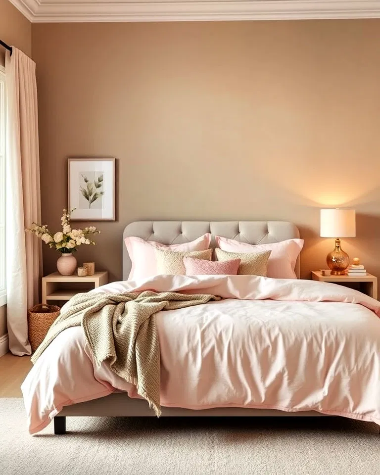 soft pastel accents in khaki bedroom