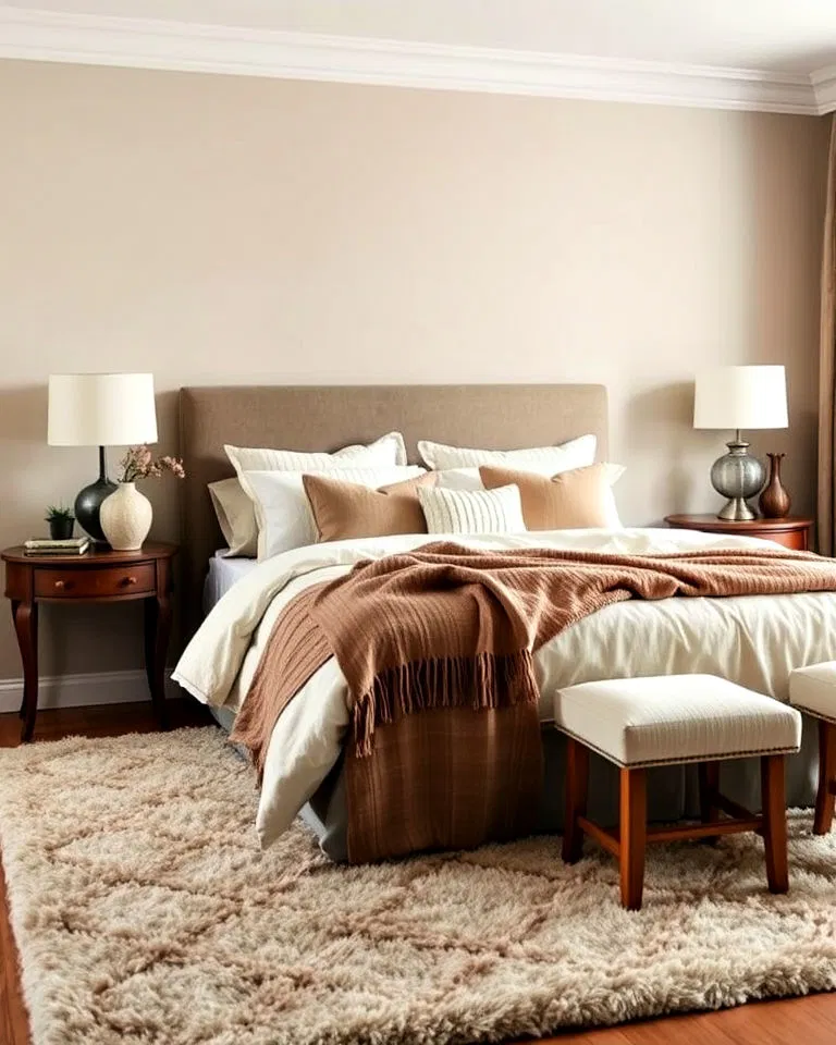 layered textiles in khaki bedroom