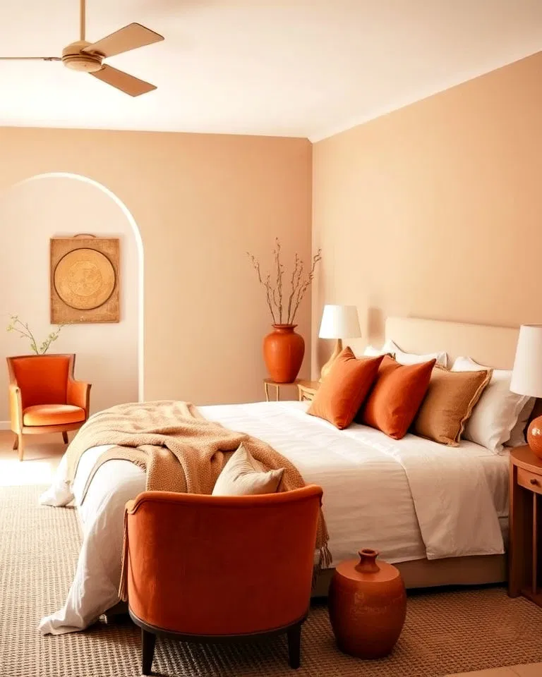 terracotta accents in khaki bedroom