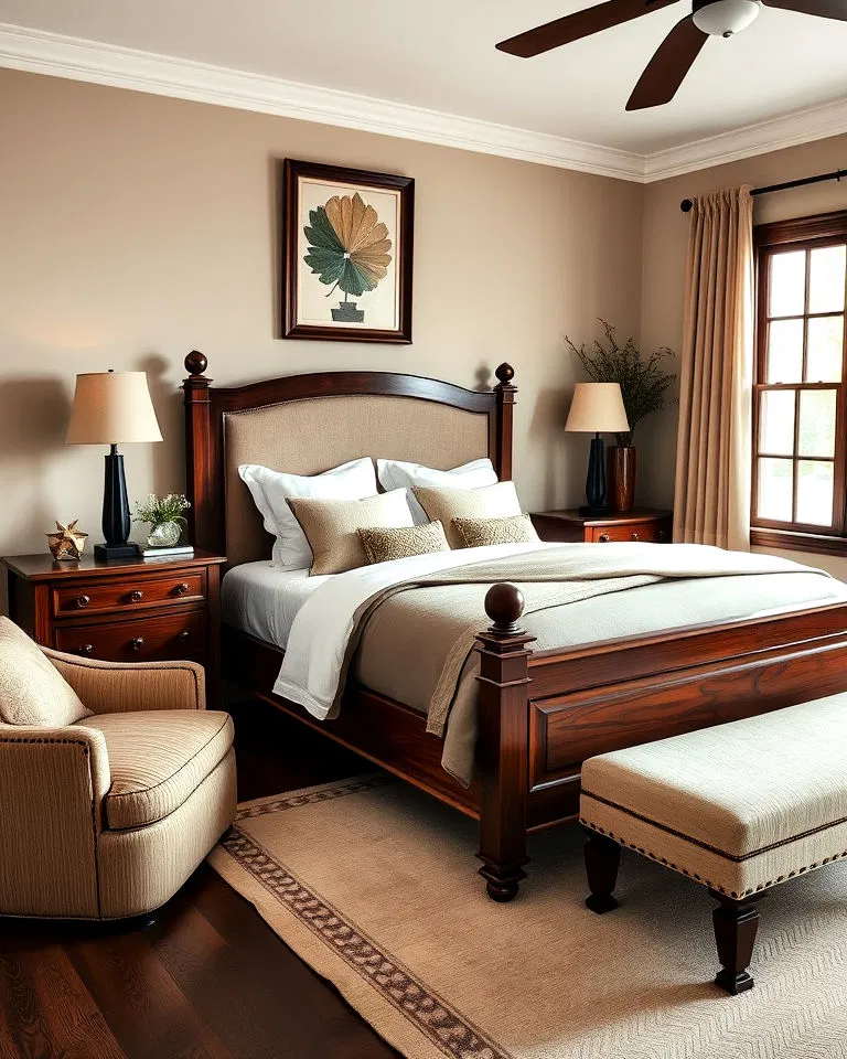 dark wood furniture in khaki bedroom