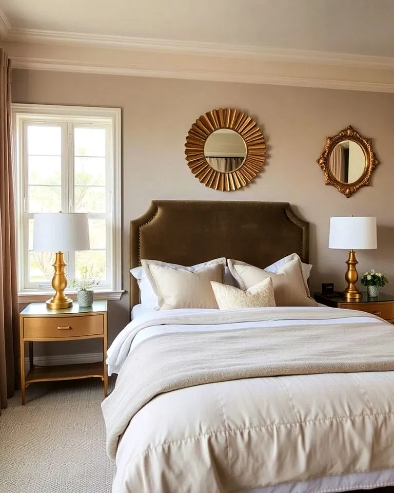 brass details in khaki bedroom