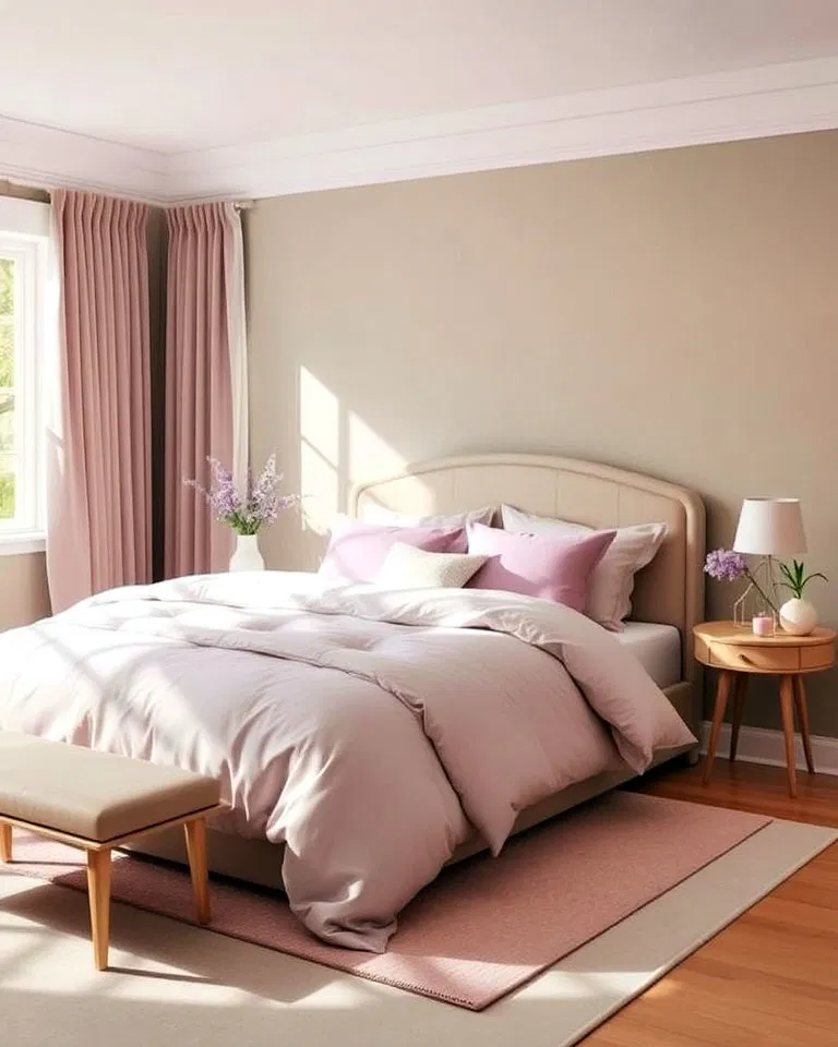 soft lavender accents in khaki bedroom