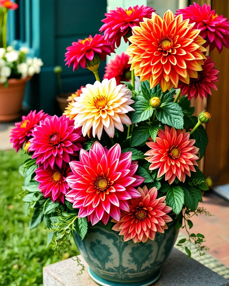 dahlias in decorative containers