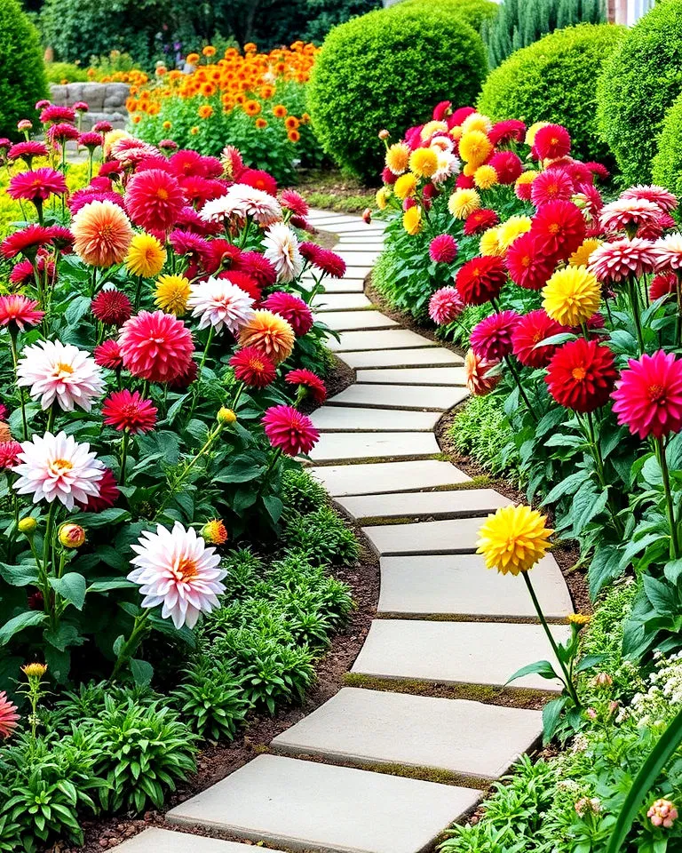 dahlias lining garden pathways