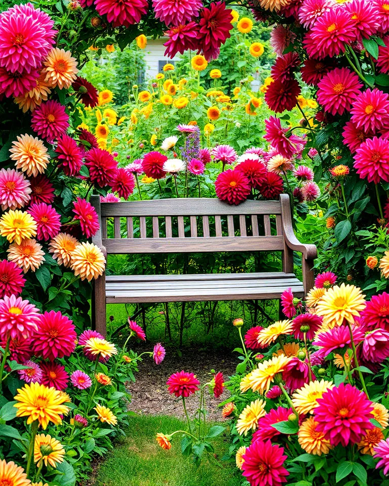 garden bench surrounded by dahlias