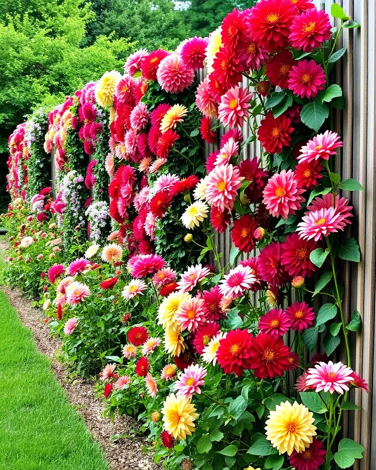 dahlias planted along a fence