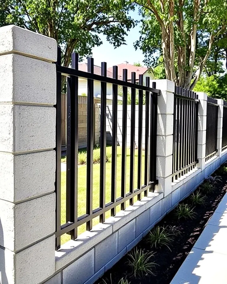 concrete block fence with steel accents