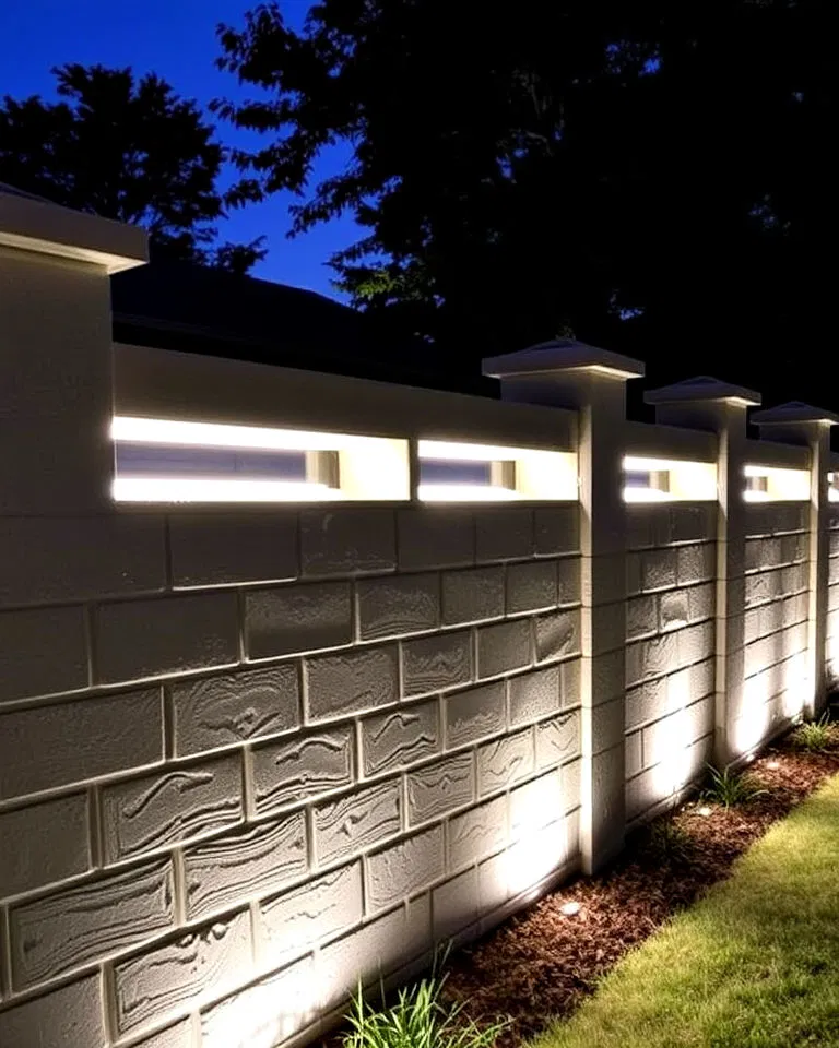 concrete block fence with integrated lighting