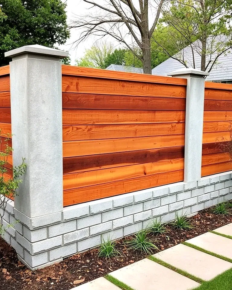 concrete block fence with wooden overlays