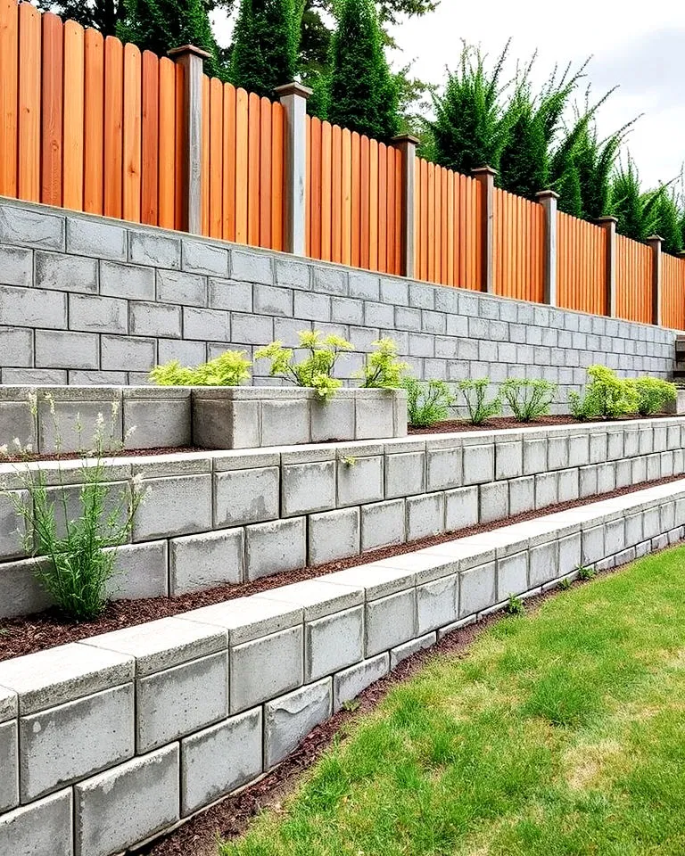multi-tiered concrete block fence