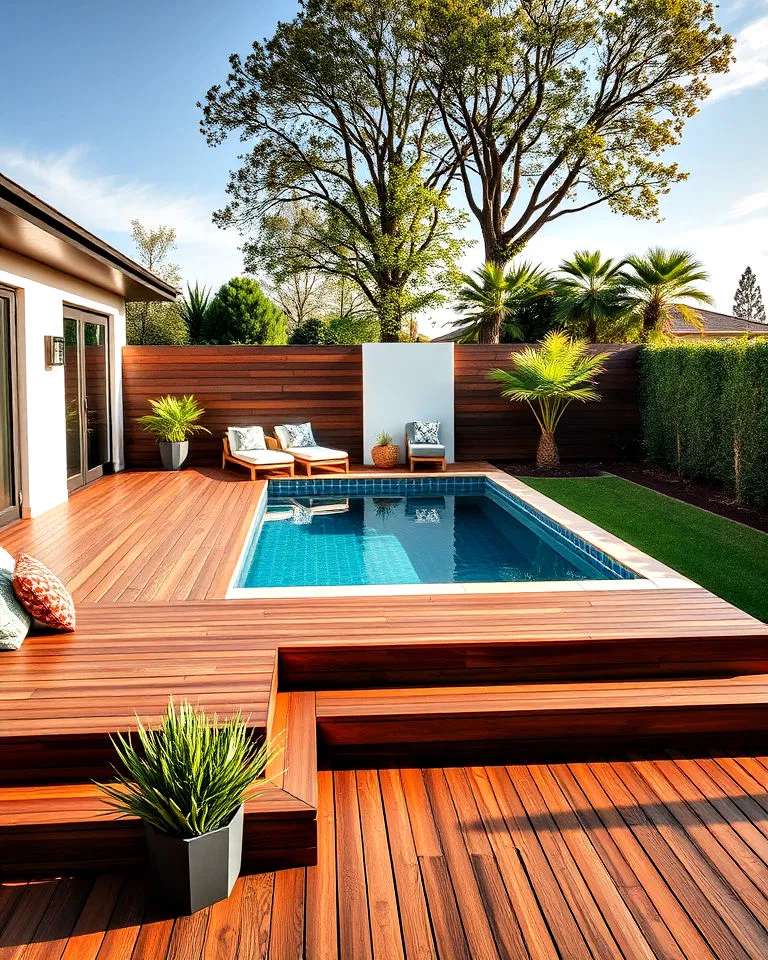 elevated pool with wooden deck - garden pool ideas