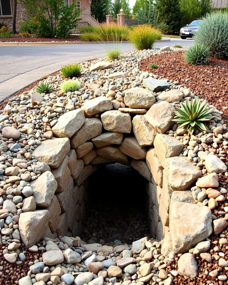 layered rock garden around driveway culvert