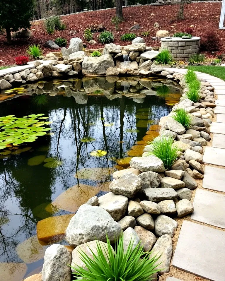 Natural stone edging around a large pond