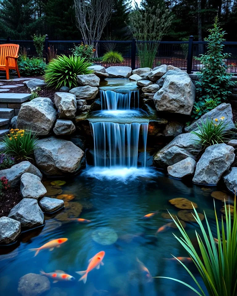 Waterfall feature enhancing pond landscape