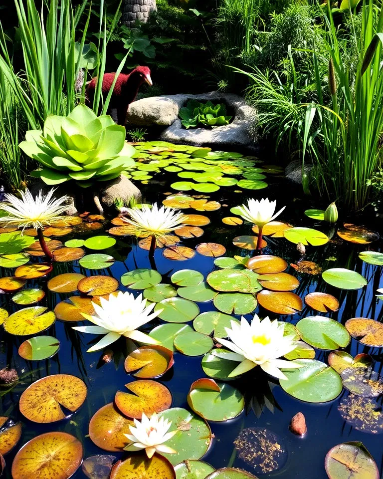 Variety of aquatic plants in a pond