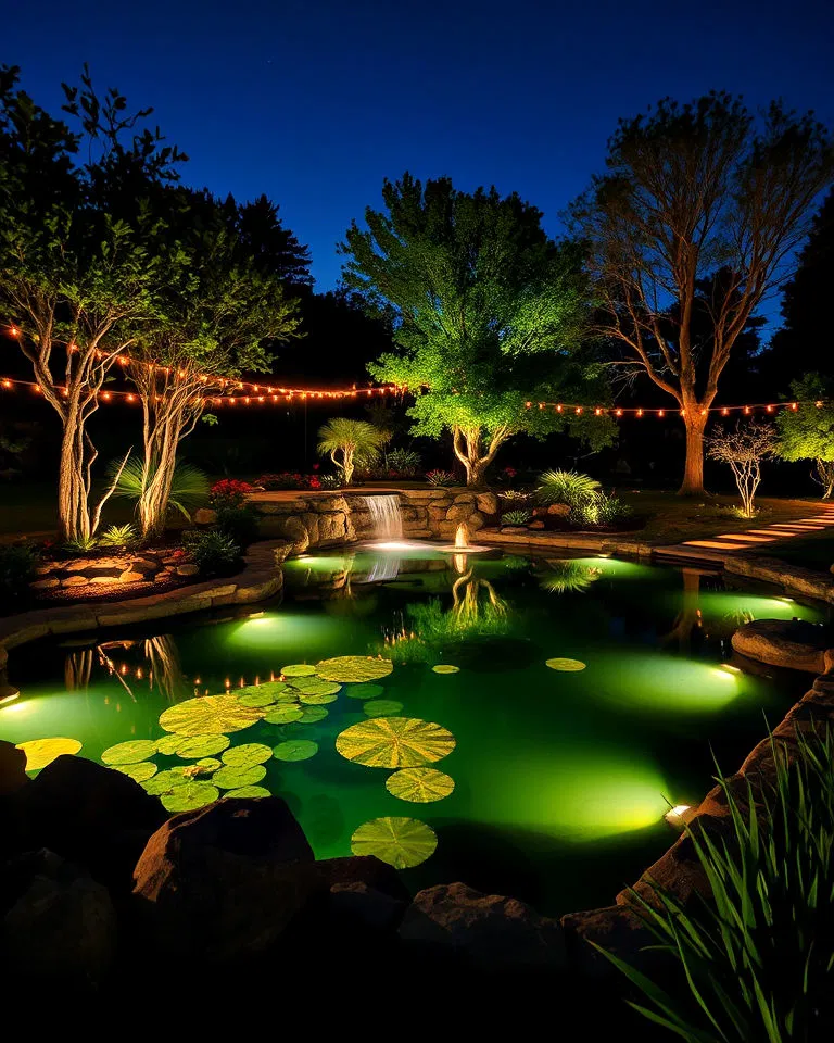 Lighting elements around a pond