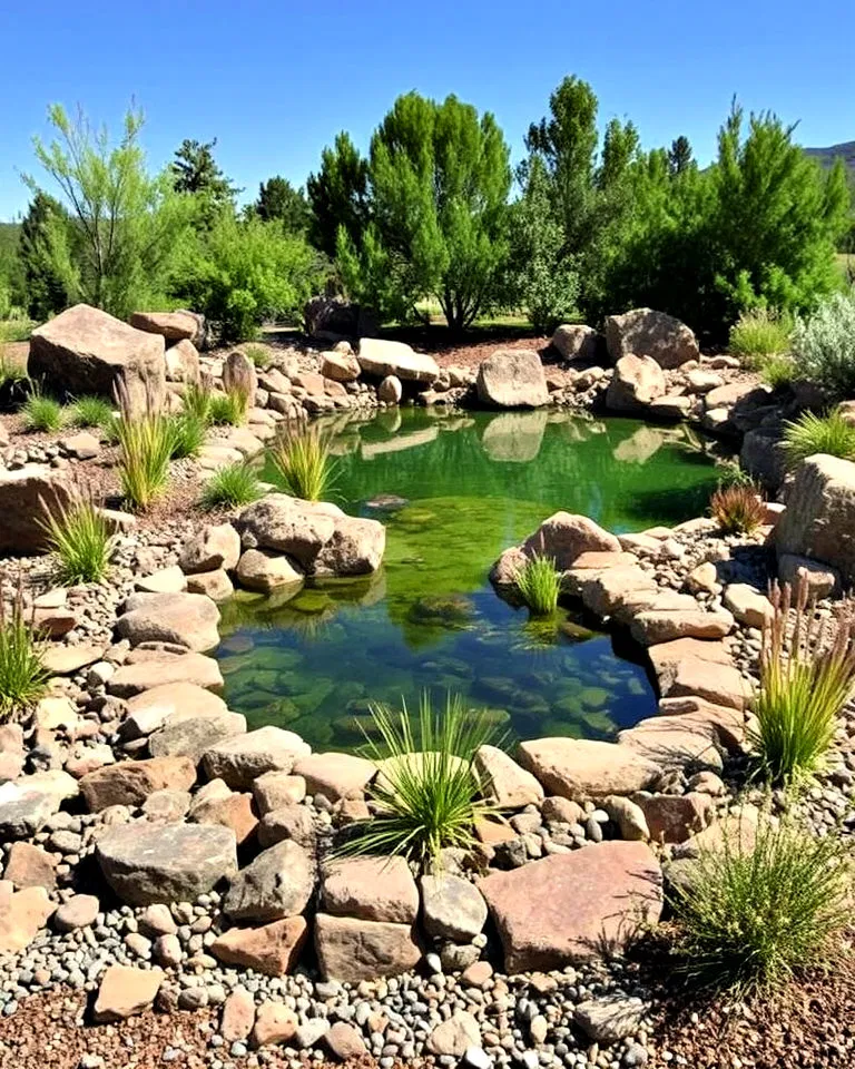 Rock garden surrounding a pond