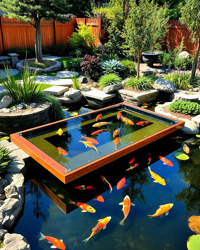 Koi viewing platform by a pond
