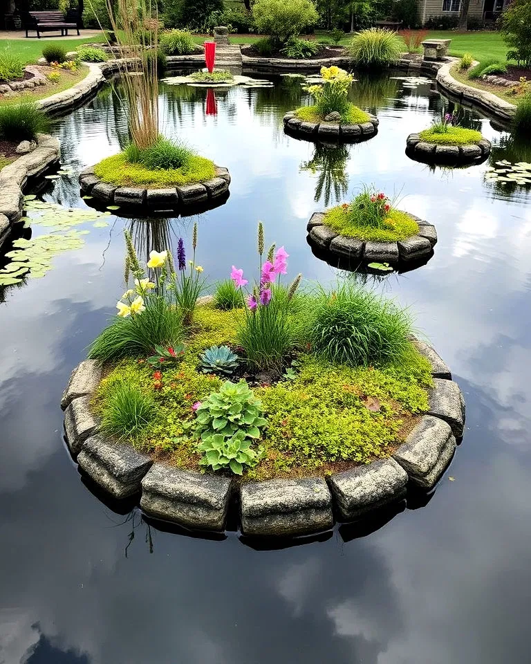 Floating islands with plants on a pond