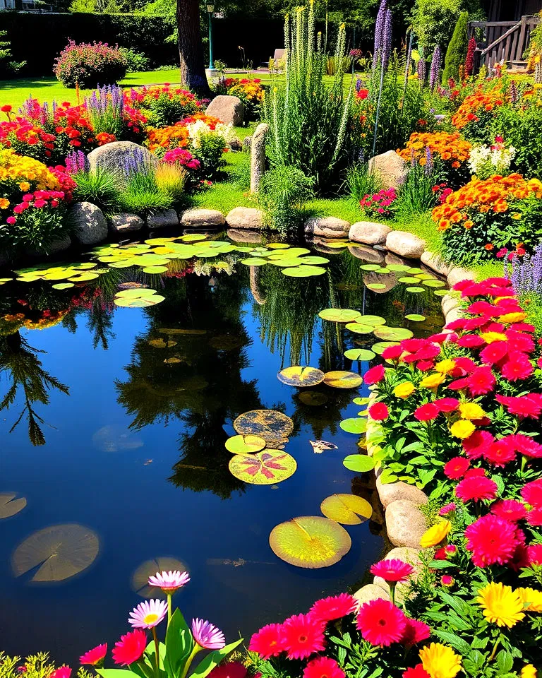 Flower beds surrounding a pond