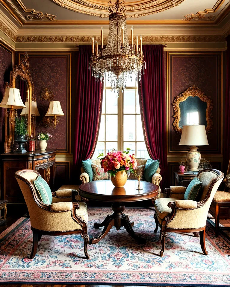 Antique furniture with intricate detailing in New Orleans style interior