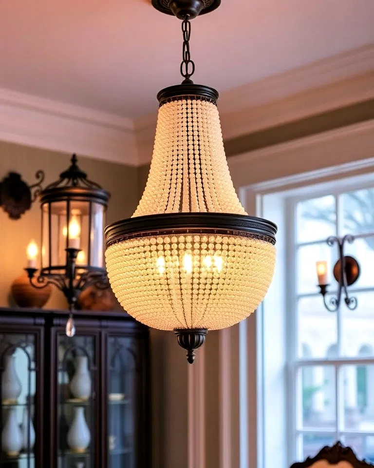 Beaded chandeliers and lantern-style lighting in New Orleans interior